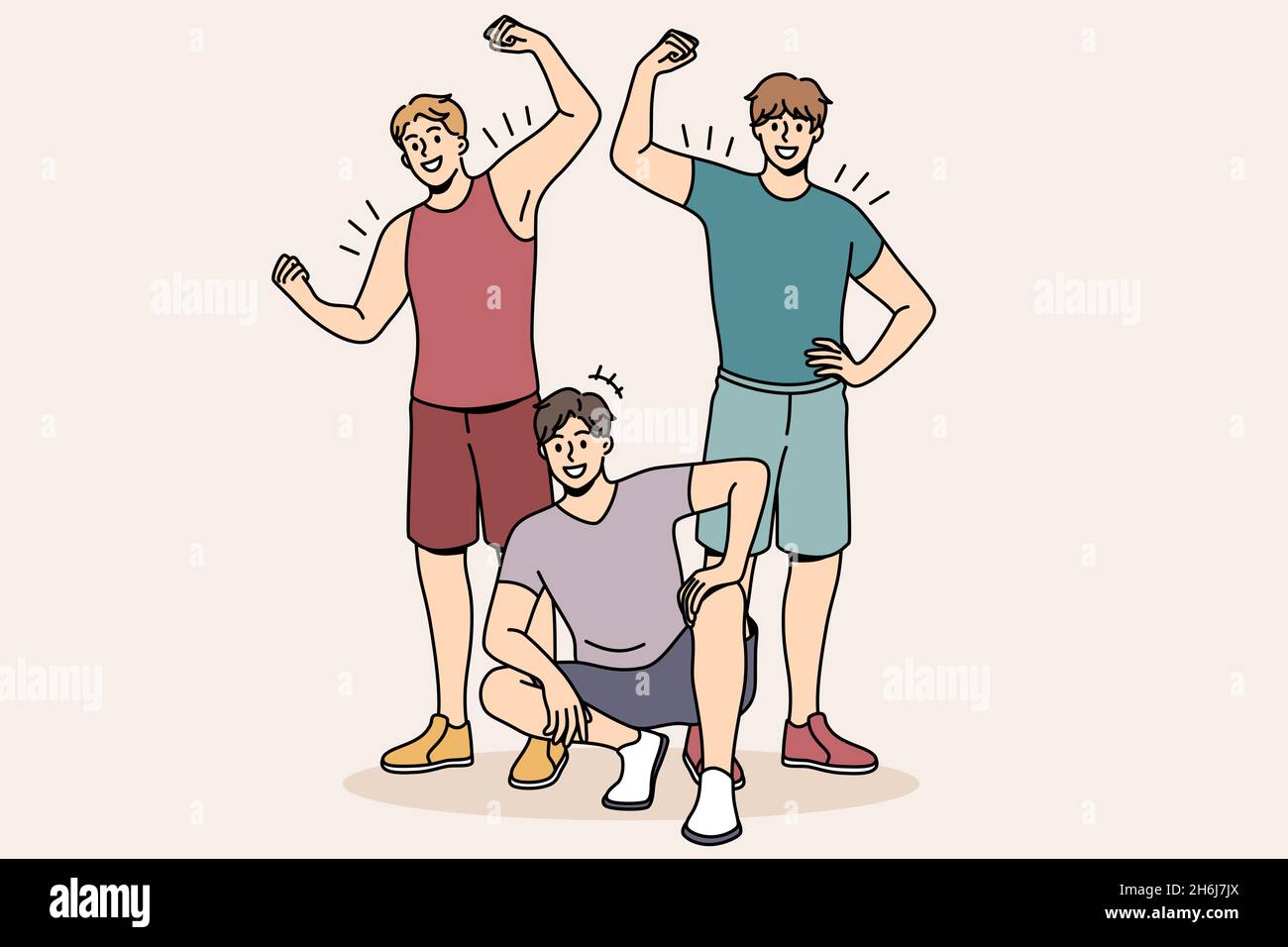 Athlètes et sport style de vie concept. Groupe de jeunes hommes forts souriants debout assis montrant biceps après l'entraînement vecteur illustration Illustration de Vecteur