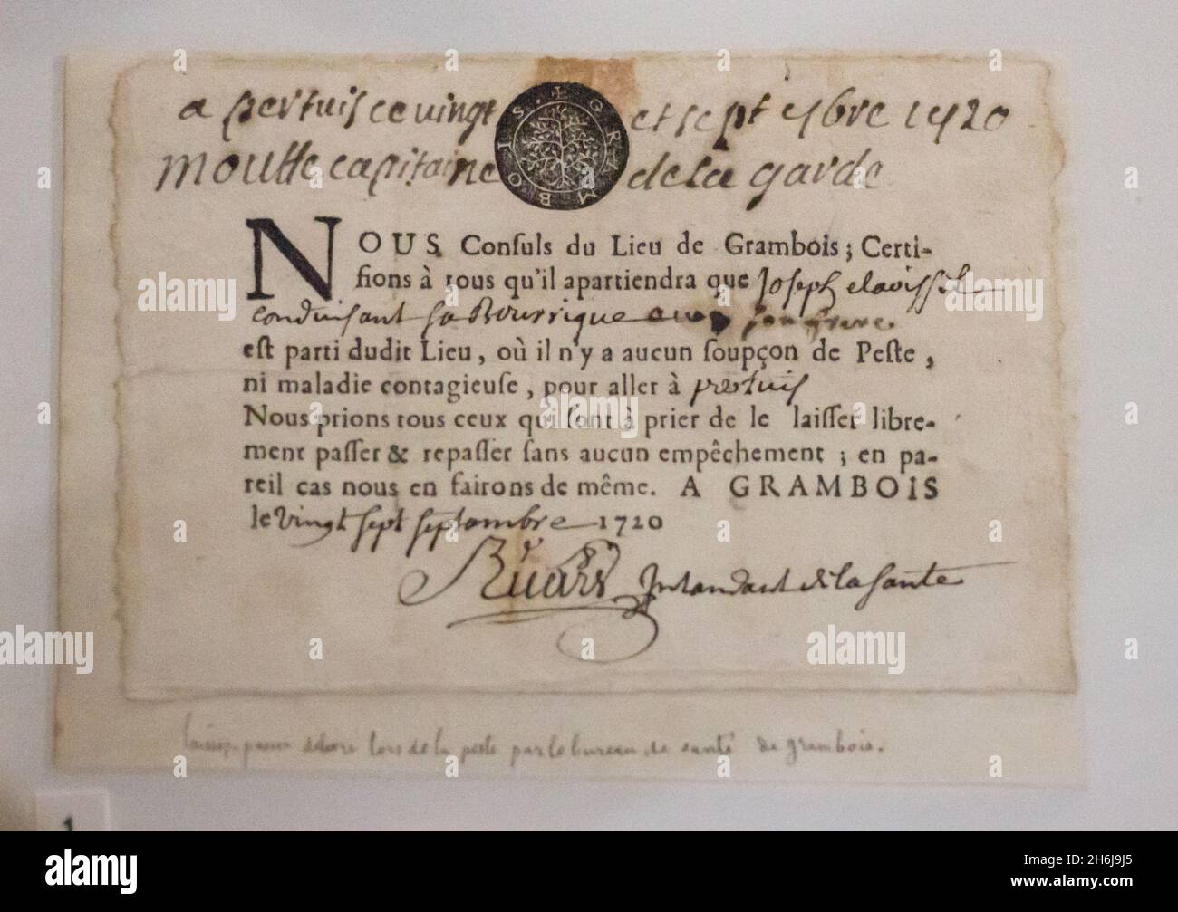 Exposition : 1720 la Grande peste de Marseille : l'ancêtre de notre passe sanitaire appelé 'Billette de Santé' Banque D'Images