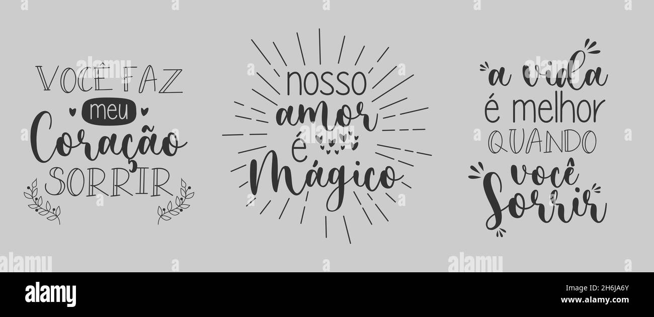 Trois phrases d'amour en portugais.Traduction du portugais - vous faites sourire mon coeur - notre amour est magique - la vie est meilleure quand vous souriez Illustration de Vecteur