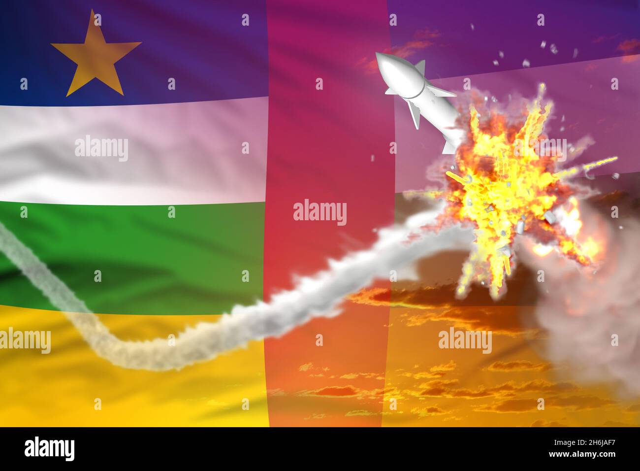 République centrafricaine interceptée missile supersonique, antiroquette moderne détruit le concept de missile ennemi, illustration militaire industrielle 3D avec fl Banque D'Images