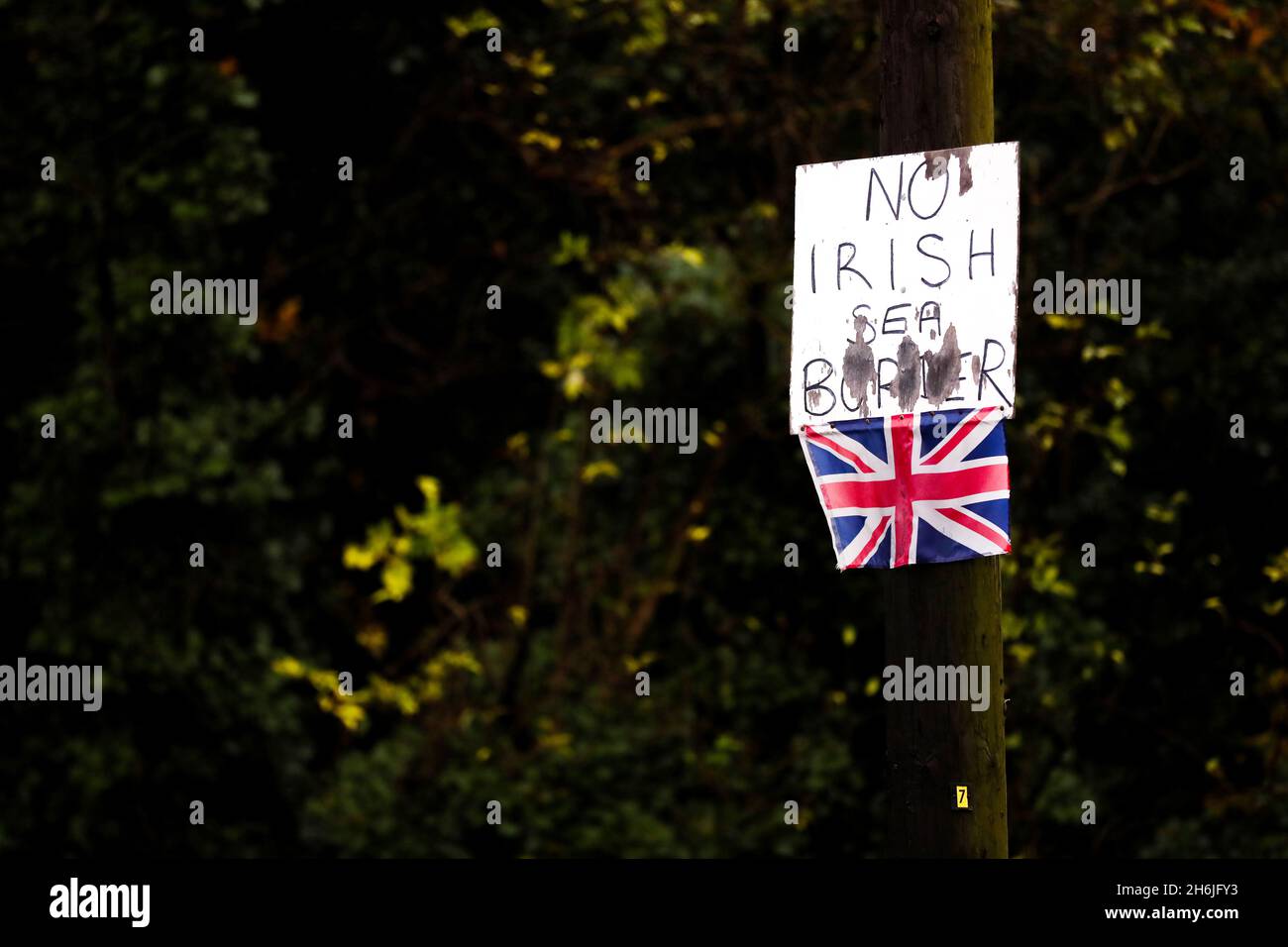 Étiquette anti-frontière de la mer d'Irlande et petit drapeau de l'Union attachée à un lampadaire à Bangor, en Irlande du Nord, en opposition au Protocole d'Irlande du Nord. Banque D'Images
