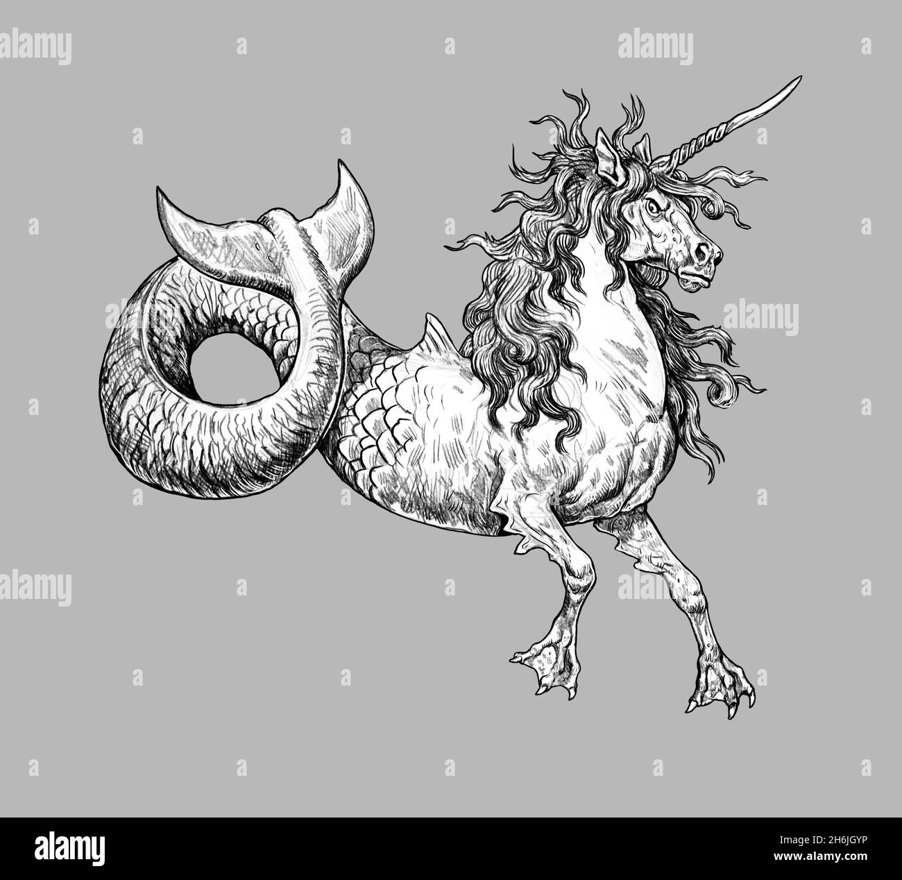 licorne mystique d'hippocampe.Créature sous-marine.Dessin fantaisie. Banque D'Images