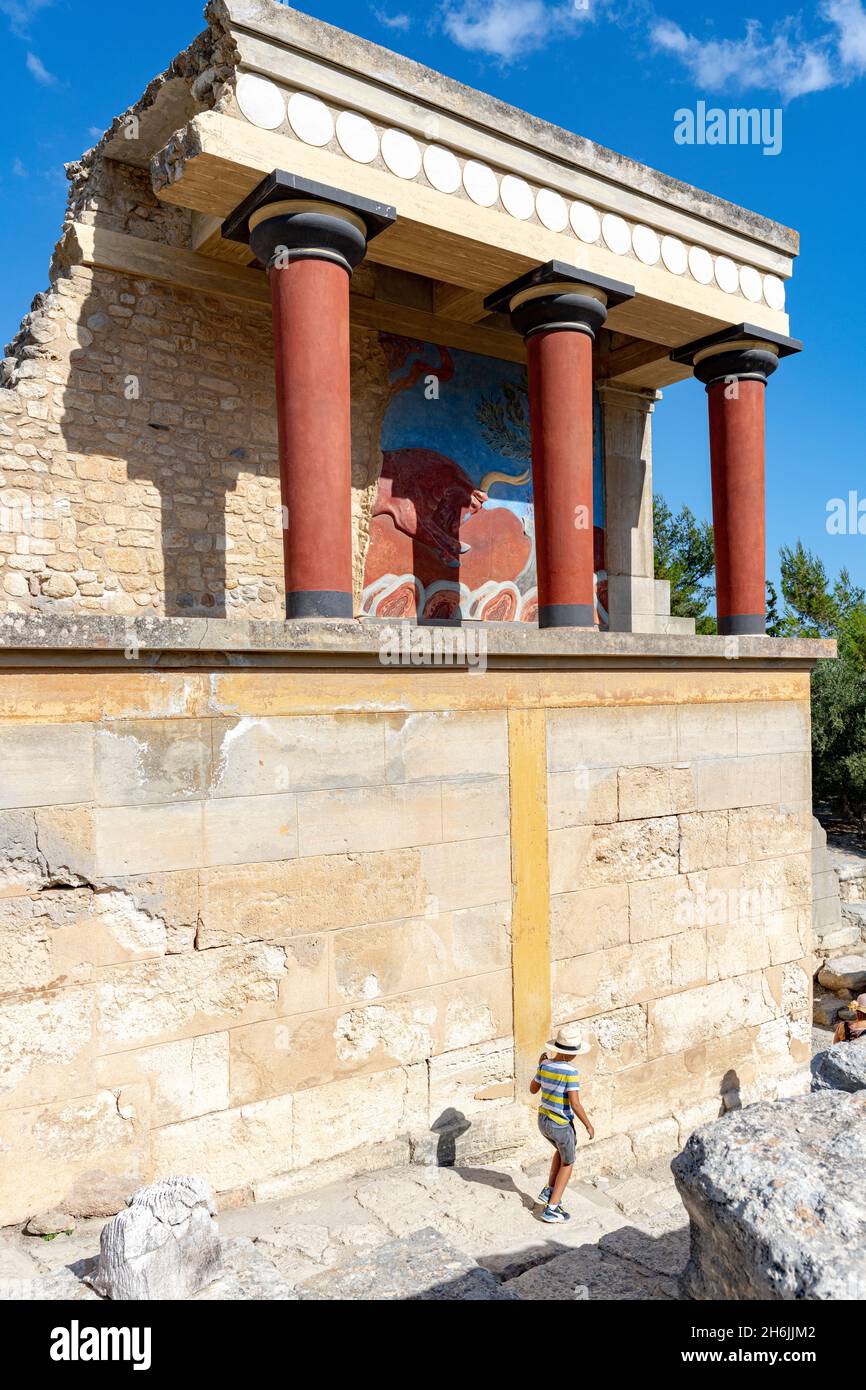 Petit garçon explorant le site archéologique de Knossos et les ruines du Palais Minoen, Knossos, Héraklion, Crète, Iles grecques,Grèce, Europe Banque D'Images