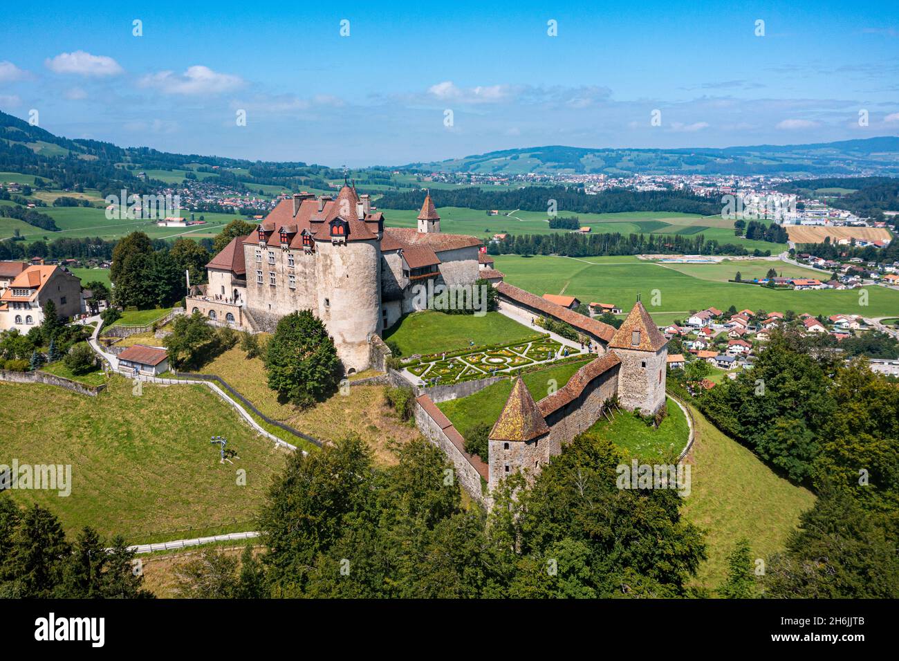 Antenne du château de Gruyere, Fribourg, Suisse, Europe Banque D'Images