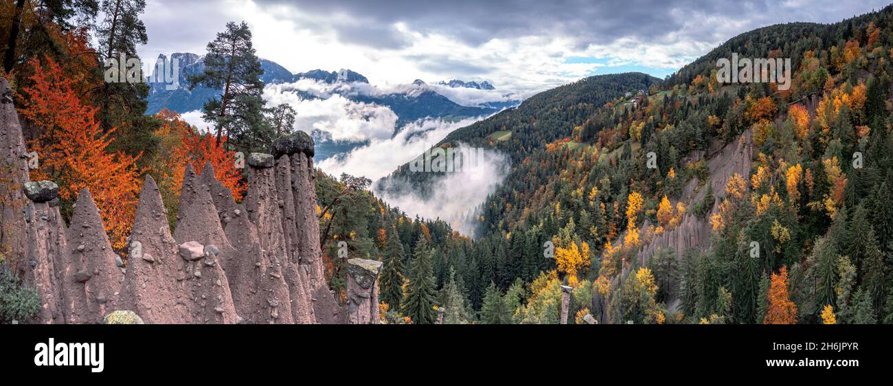 Brume sur la terre pyramides et la forêt en automne, Longomoso, Renon (Ritten, Bolzano, Tyrol du Sud,Italie, Europe Banque D'Images