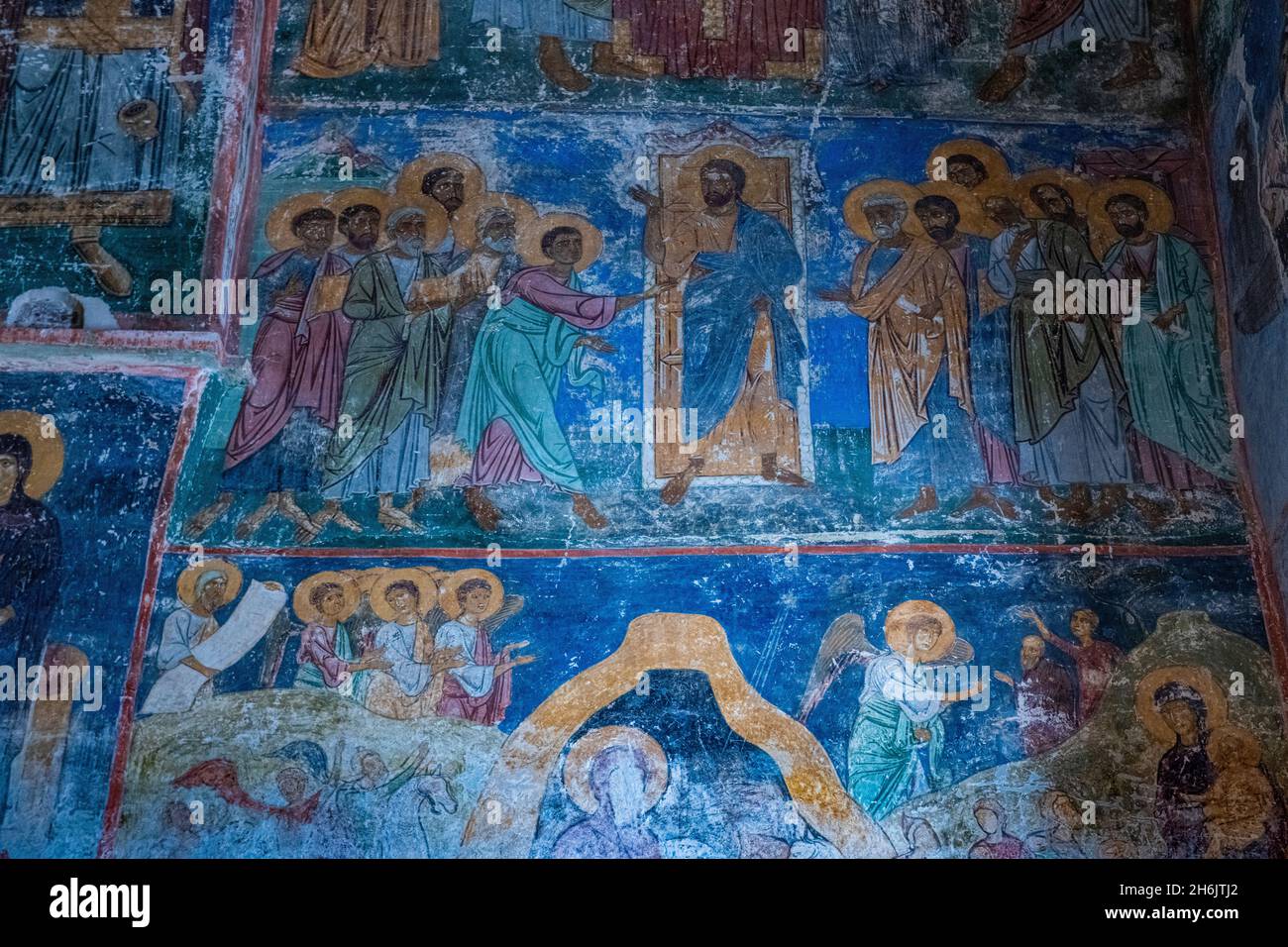 Anciennes icônes du monastère masculin de Spaso-Preobrazhenskiy Mirozhskiy, site classé au patrimoine mondial de l'UNESCO, Pskov, Russie, Europe Banque D'Images