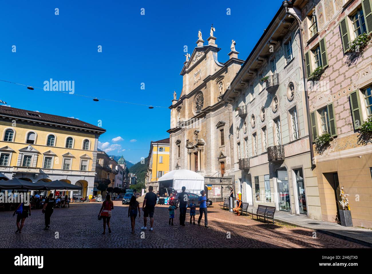 Centre ville de Bellinzona, site classé au patrimoine mondial de l'UNESCO, trois châteaux de Bellinzona, Tessin, Suisse, Europe Banque D'Images