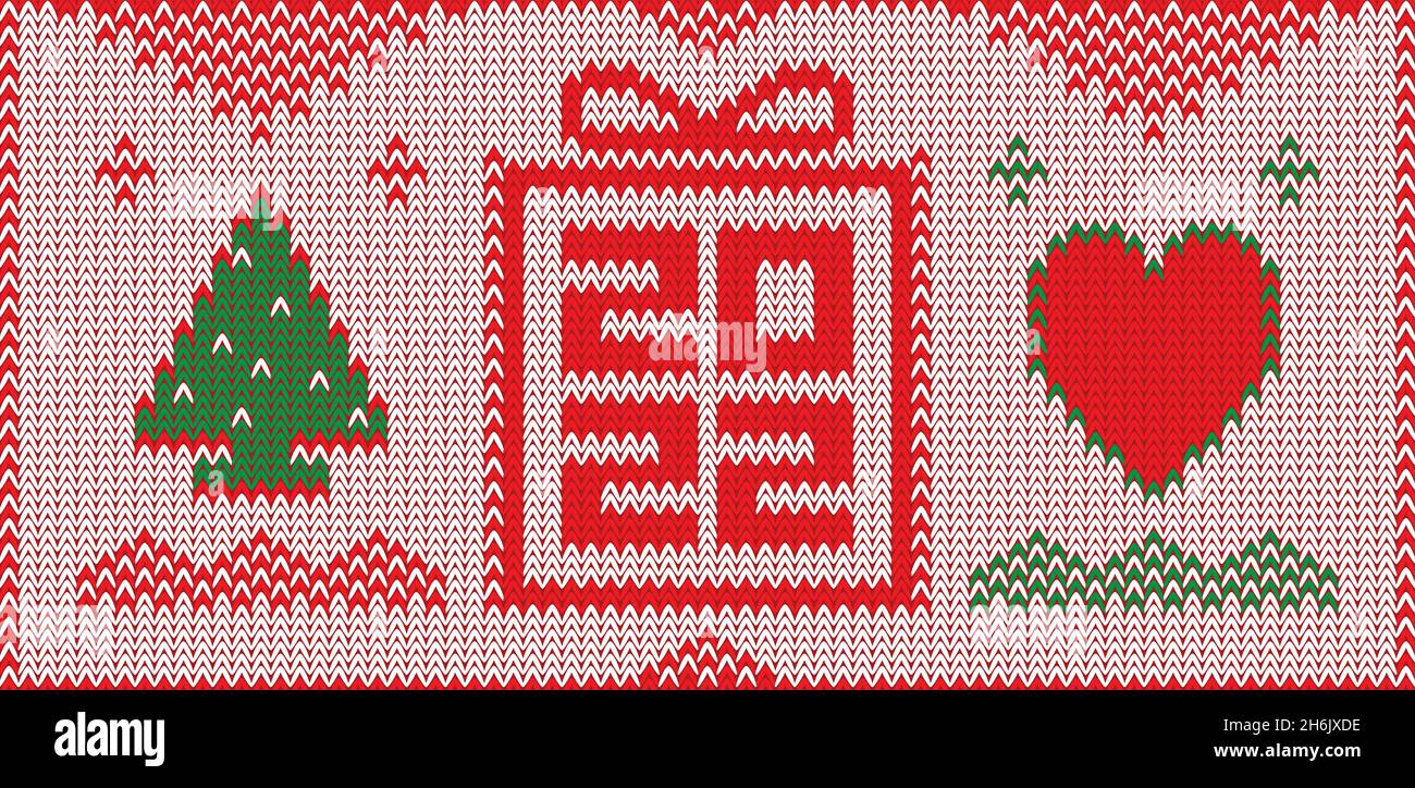 2022 arrière-plan vectoriel de vacances d'hiver, avec un arbre de Noël, une boîte cadeau et un coeur, motif pull tricoté. Illustration de Vecteur
