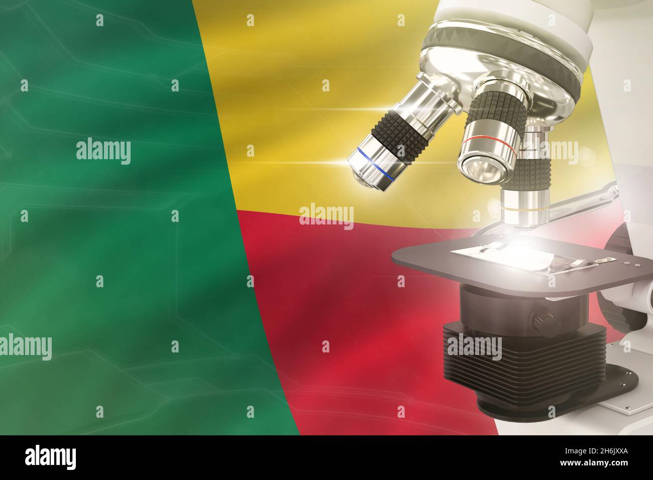 Bénin concept de développement scientifique - microscope sur fond de drapeau.Recherche en chimie ou physique illustration 3D de l'objet Banque D'Images Bénin concept de développement scientifique - microscope sur fond de drapeau.Recherche en chimie ou physique illustration 3D de l'objet Banque D'Images