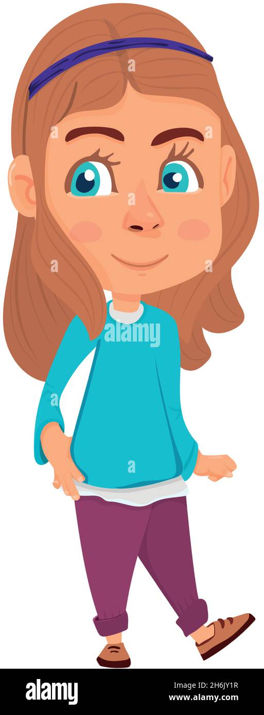 Jolie Petite Fille De Dessin Anime Avec De Longs Cheveux Bruns Enfant Marchant Personnage De Dessin Anime Image Vectorielle Stock Alamy