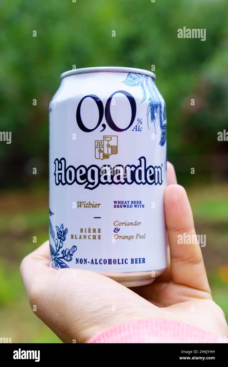 Volzhsky, Russie-25 septembre 2021 : bière non alcoolisée Hoegaarden CAN.Mise au point sélective Banque D'Images