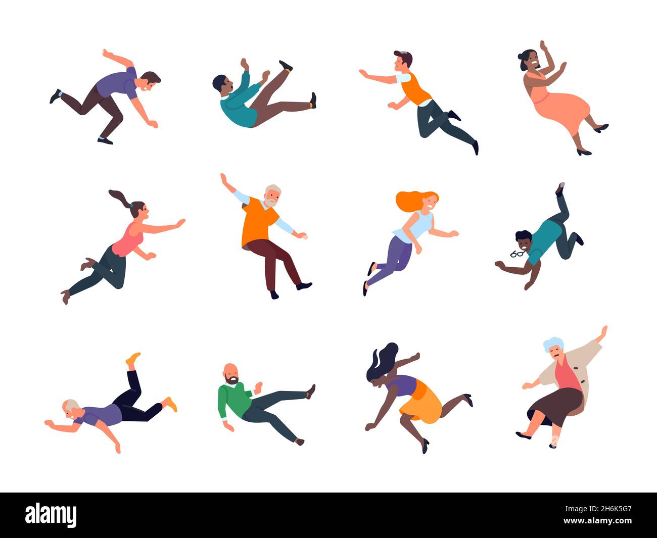 Chute de personnes.Trébuchement et dérapage femmes et hommes différentes poses, dangereuses situations traumatiques, accidents courants à pied.Ensemble de vecteurs Illustration de Vecteur