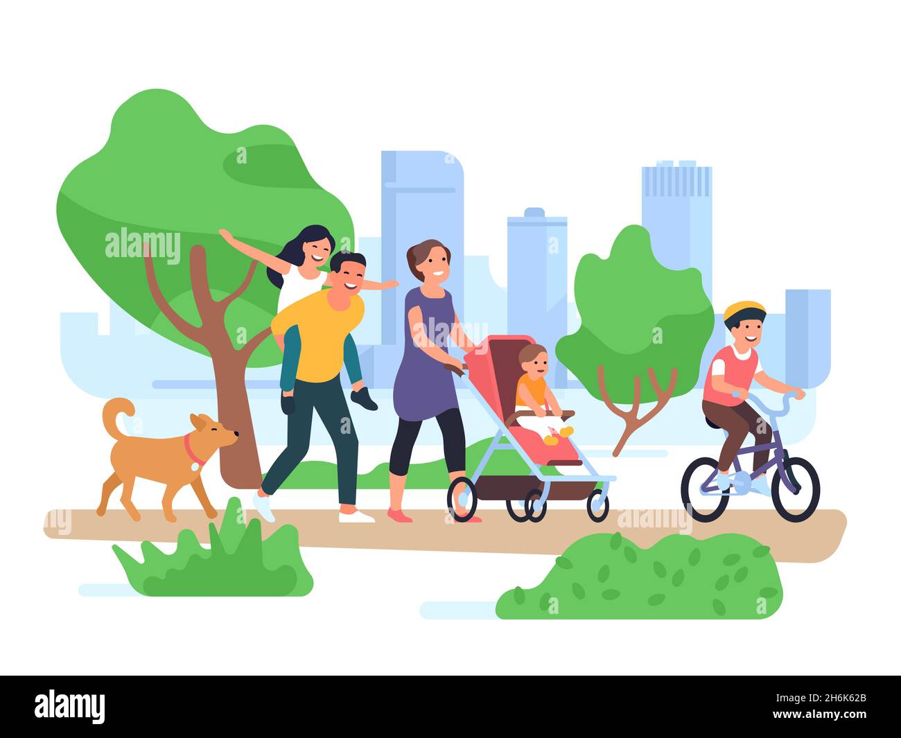 Bonne marche en famille.Couple avec enfants promenade parc, fils sur vélo, enfant en poussette, fille amusante sur père dos vecteur concept Illustration de Vecteur
