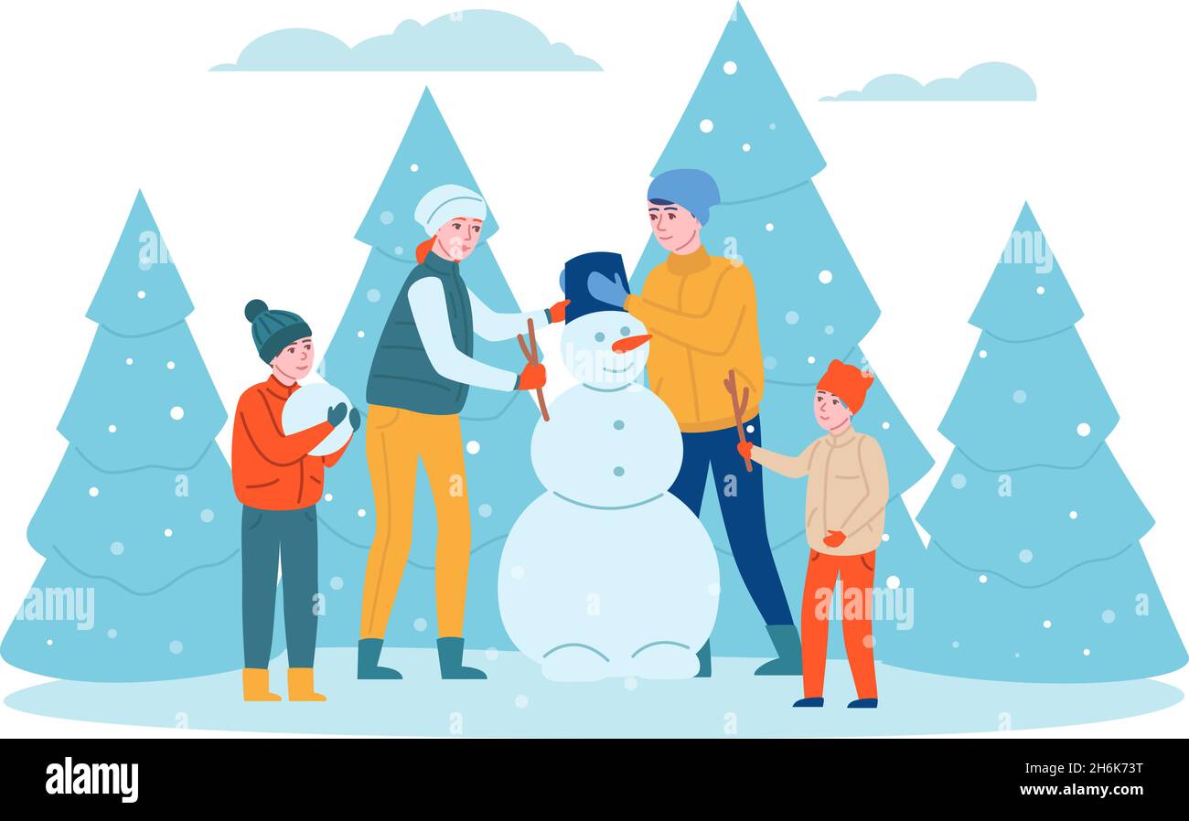 Activités d'hiver en famille.Les enfants et les parents heureux font bonhomme de neige dans le parc, mari, femme et enfants s'amuser ensemble en plein air.Concept vectoriel Illustration de Vecteur