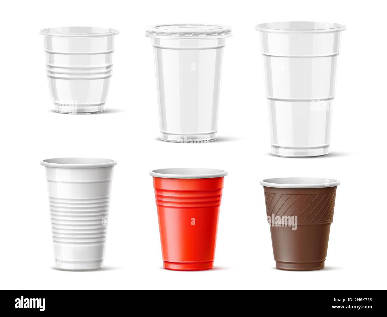 Tasses en plastique.Boissons transparentes et colorées réalistes mugs à emporter, récipients pour boissons chaudes et froides mockup, différentes tailles.Ensemble de vecteurs Illustration de Vecteur