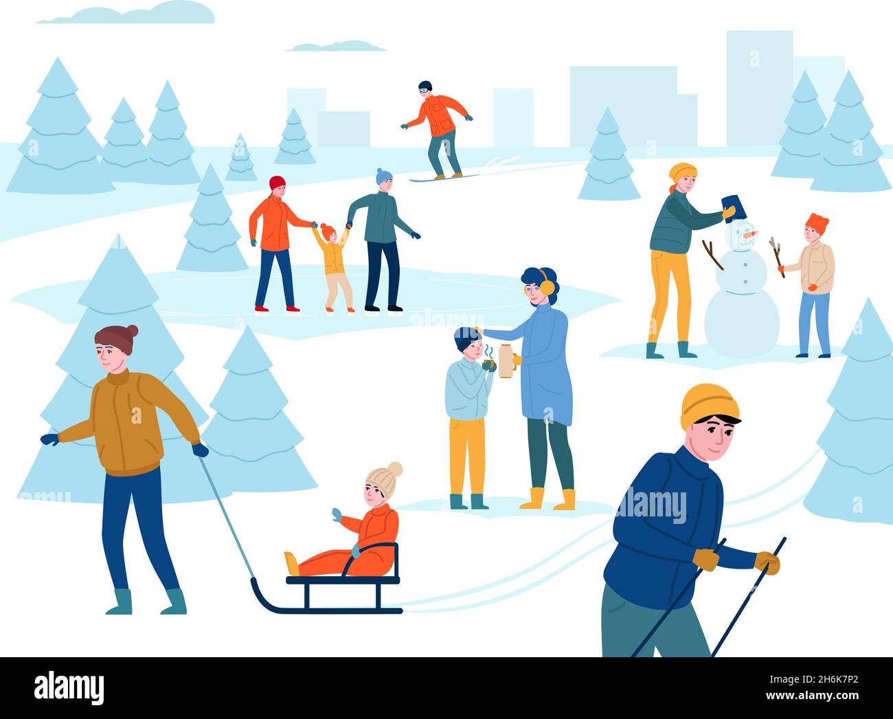 En hiver, activités de plein air.Les parents heureux avec les enfants marchent, s'amusent dans le parc de la ville de neige, les gens font du ski, font du bonhomme de neige.Arrière-plan vectoriel Illustration de Vecteur