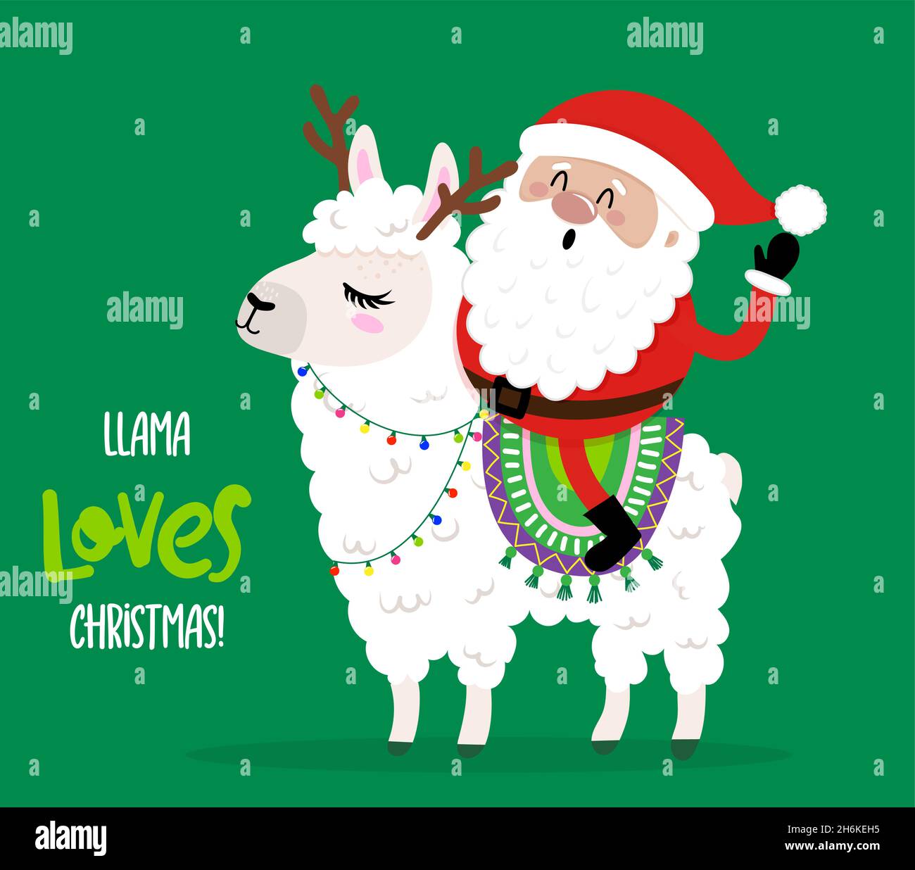 Llama aime Noël - le père noël fait un tour de lama.Lettrage dessiné à la main pour cartes de voeux de Noël, invitations.Bon pour t-shirt, mug, réservation de rebut, cadeau, p Illustration de Vecteur