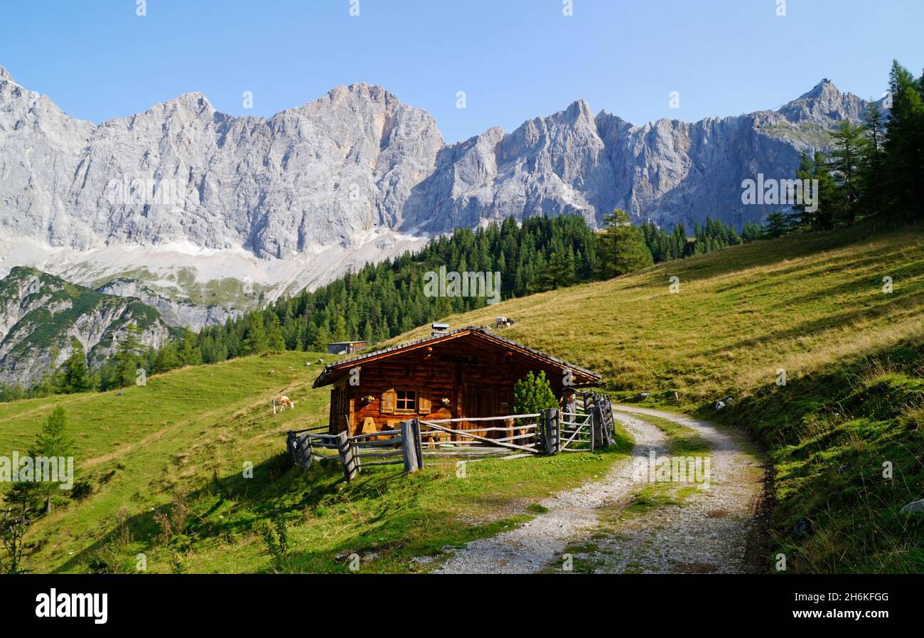 Un chemin menant à travers le paysage alpin avec des chalets en rondins dans la région de Dachstein en Autriche (Neustatt Alm en Styrie) Banque D'Images