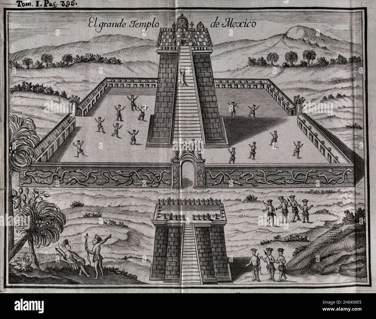 Le Grand Temple Aztec à Tenochtitlan.Dédié au dieu de la guerre.Construit dans une grande place, avec un mur en ashlar, sculpté à l'extérieur avec différentes boucles de serpents enchaînés.Gravure.'Historia de la Conquista de México, población, y progresos de la América septentrional, conocida por el nombre de Nueva España' (Histoire de la conquête du Mexique, population, et progrès de l'Amérique du Nord, connu sous le nom de Nouvelle Espagne).Ecrit par Antonio de Solís y Rivadeneryra (1610-1686), chroniqueur des Indes.Volume I. Edition publié à Barcelone et divisé en deux volumes, 1771.le pr du roi Banque D'Images