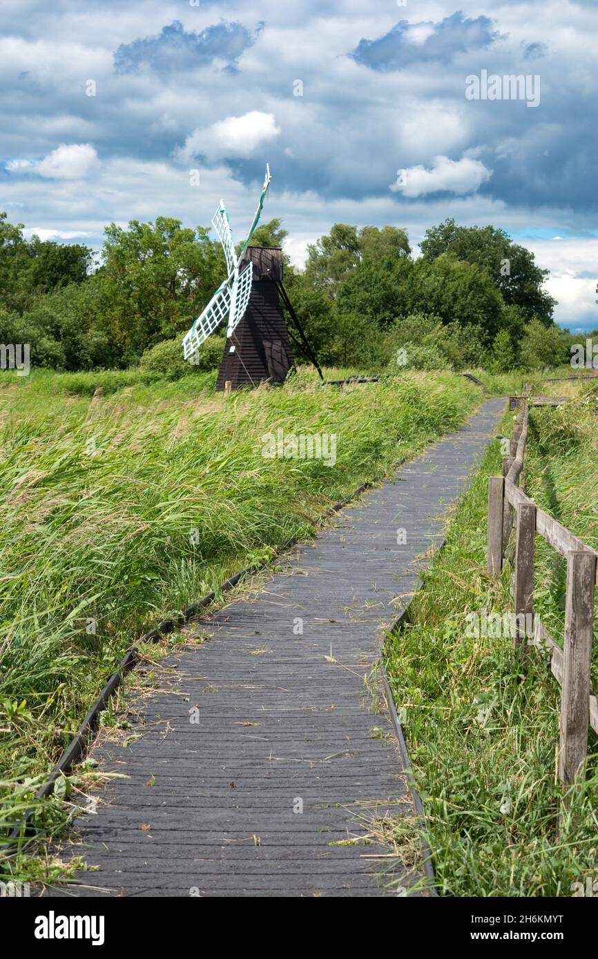 Sentier de promenade en direction du moulin à vent de Wicken Fen près de Cambridge, Angleterre. Banque D'Images