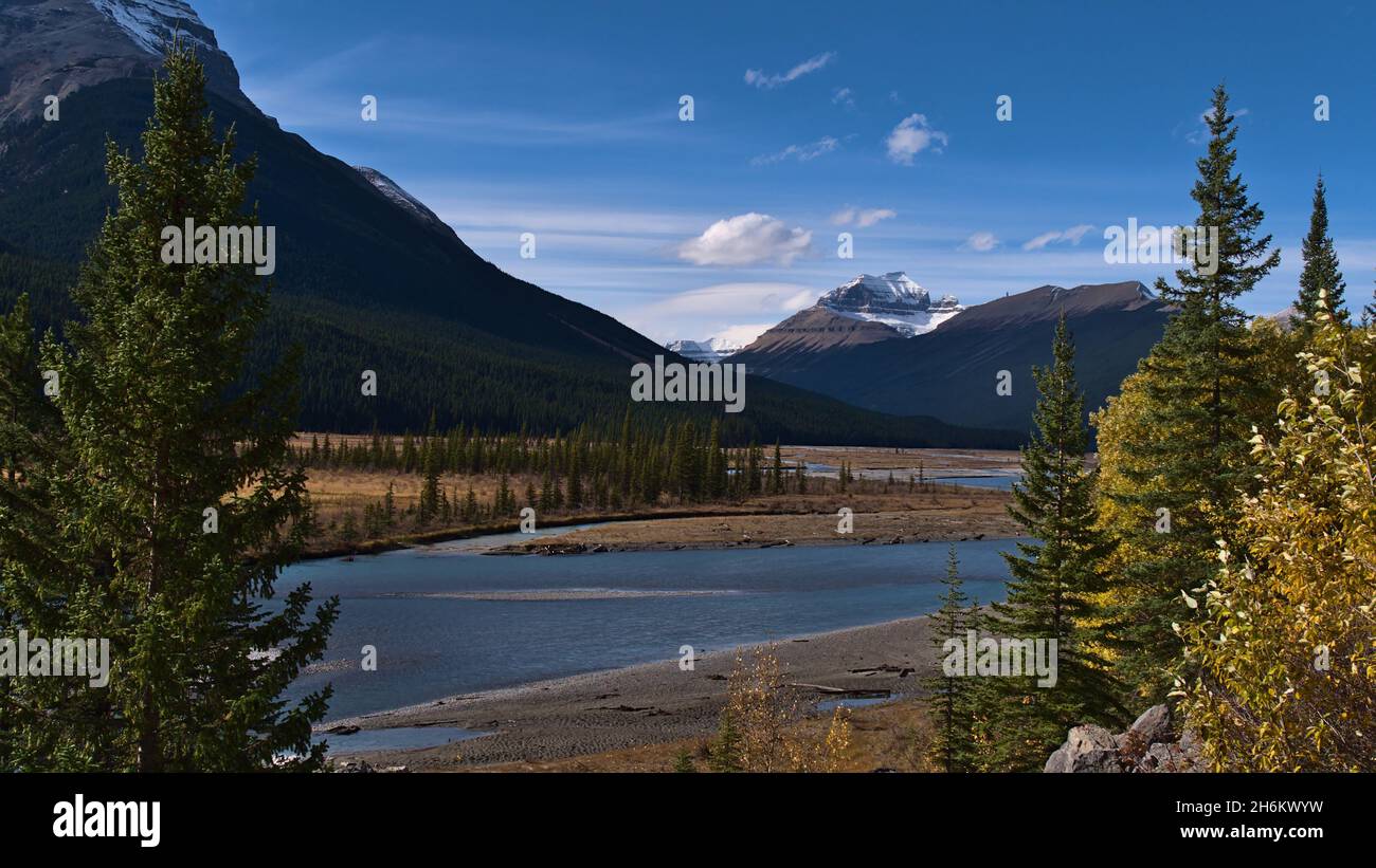 Belle vue sur la rivière Saskatchewan Nord dans une vallée du parc national Banff, Alberta, Canada dans les montagnes Rocheuses en automne. Banque D'Images