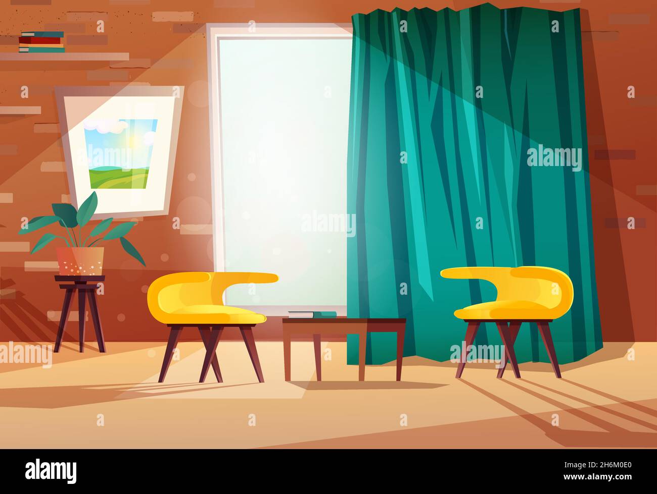 Salon intérieur de dessin animé avec fauteuils, table, image sur le mur, une fenêtre et un rideau.Mur de briques avec étagères. Illustration de Vecteur