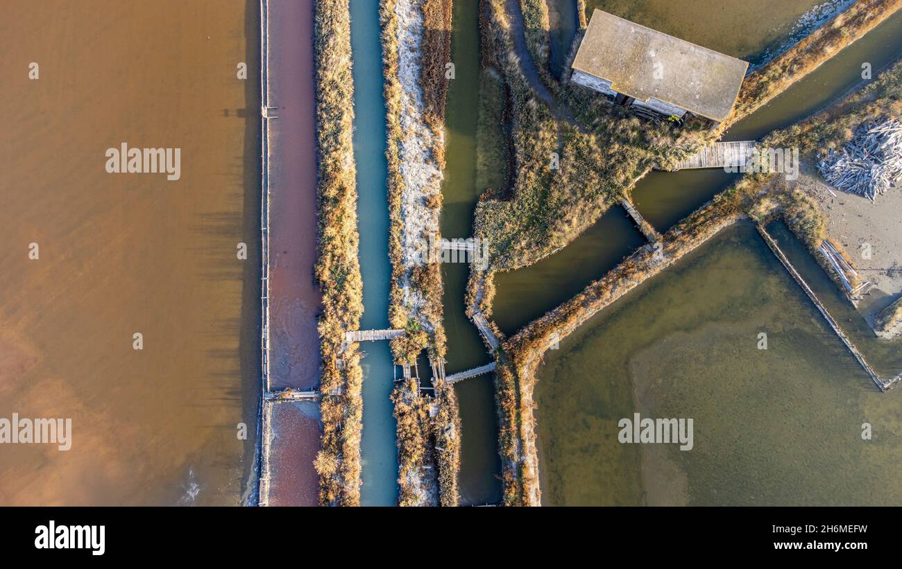 Le lac Atanasovsko est un lac côtier salé situé au nord de Burgas, en Bulgarie, à proximité directe de la mer Noire.Le lac est d'environ 5 km de long et divie Banque D'Images