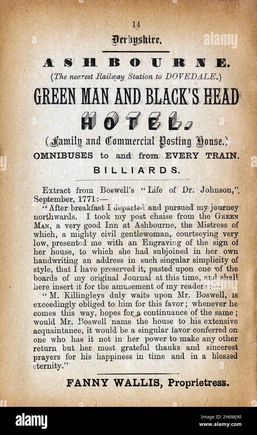 Page publicitaire vintage d'un guide détaillé de Baddeley de 1889 pour le district de English Lake. Avec le Green Man et le Black's Head Hotel. Ashbourne. Banque D'Images