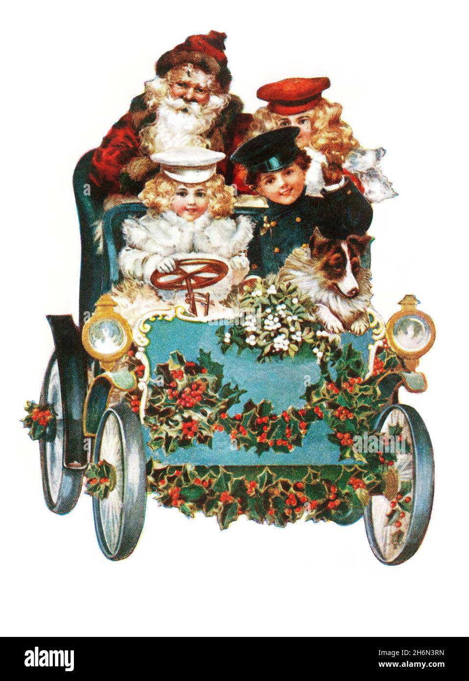 Santa en voiture avec des enfants Banque D'Images