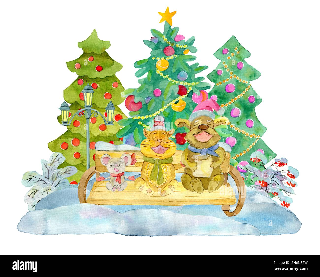 Illustration aquarelle avec des animaux de compagnie drôles chantant Noël carol assis sur le banc par des conifères décorés isolés sur blanc.Hiver Noël et nouveau Banque D'Images