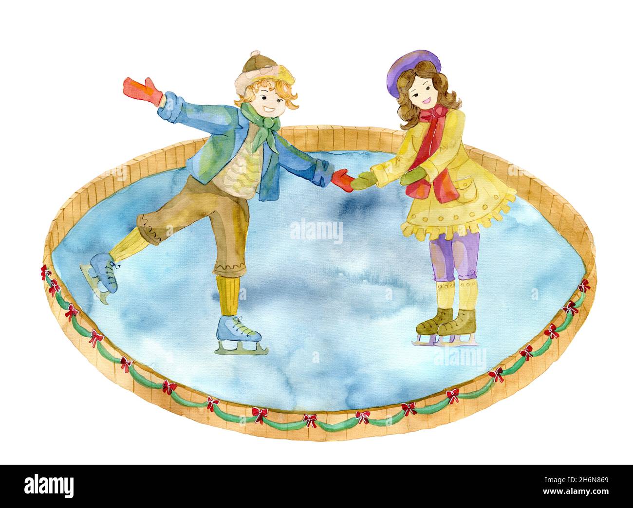 Illustration aquarelle avec un garçon et une fille portant une robe vintage patinant sur une patinoire isolée sur blanc.Noël d'hiver et le concept de vacances du nouvel an Banque D'Images