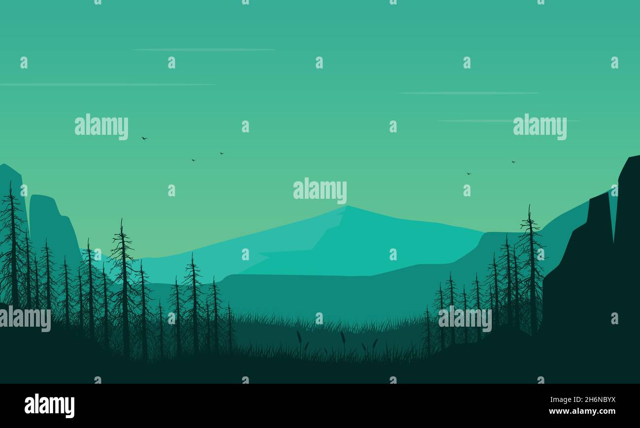 Une vue fantastique sur les montagnes avec la silhouette des pins du village au lever du soleil.Illustration vectorielle d'une ville Illustration de Vecteur