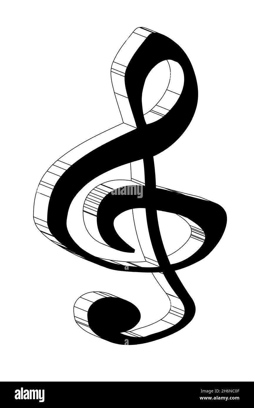 Une clef d'aigus musicaux en 3D noir et blanc sur fond blanc Banque D'Images