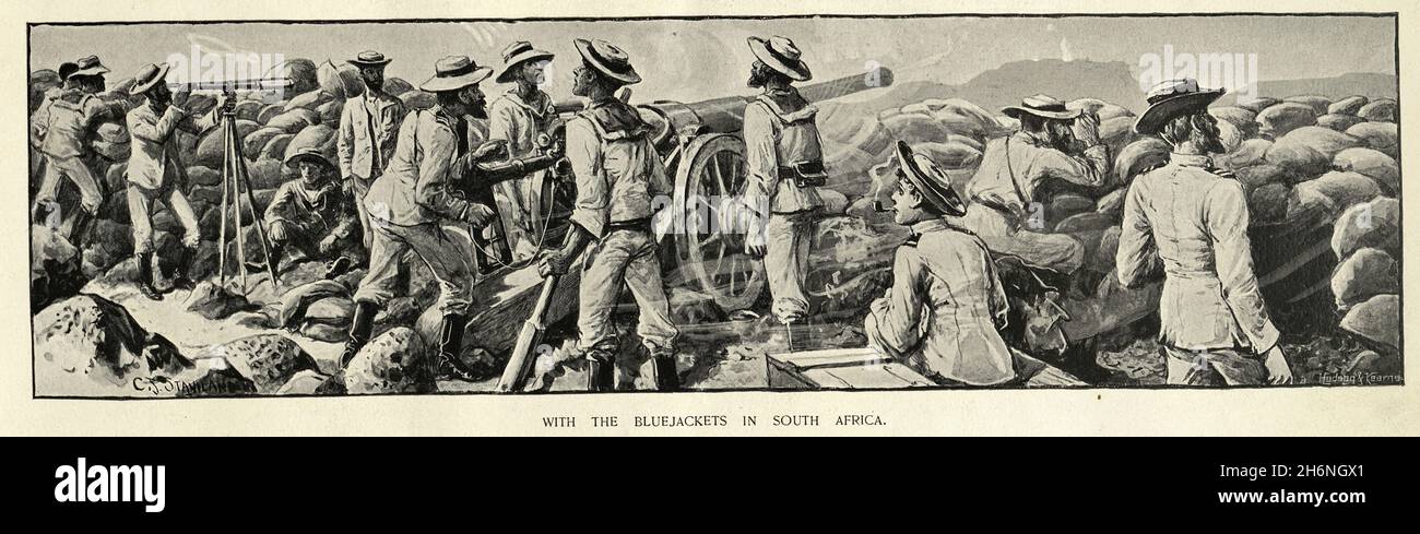 Illustration vintage des vestes bleu marine britannique manning Cannon's pendant la Seconde Guerre des Boers, Afrique du Sud Banque D'Images