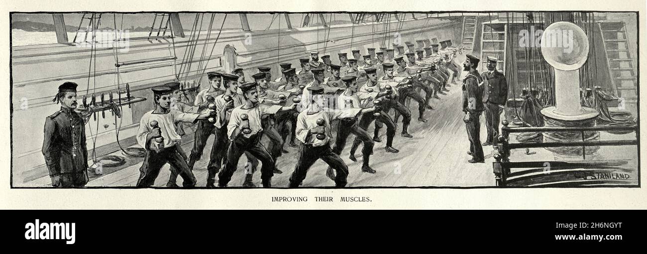 Les marins de la marine royale s'entraîner sur le pont, améliorant leurs muscles, victorien 19e siècle Banque D'Images