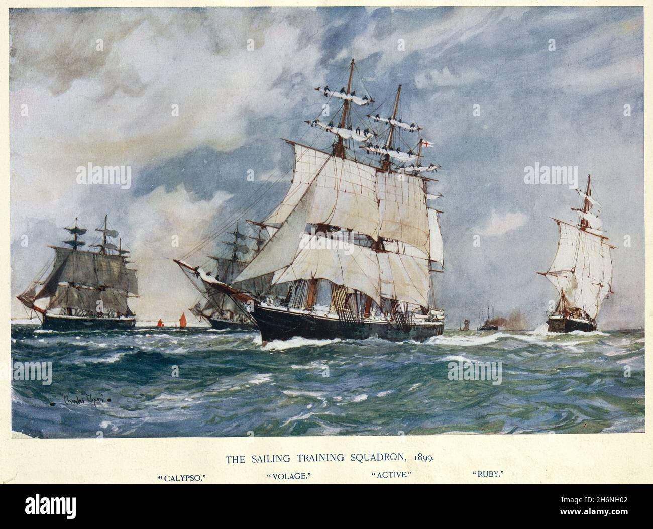 Illustration ancienne de l'escadron d'entraînement à la voile de la Marine royale, 19e siècle, 1899, HMS Calypso, Volage,Actif, rubis Banque D'Images