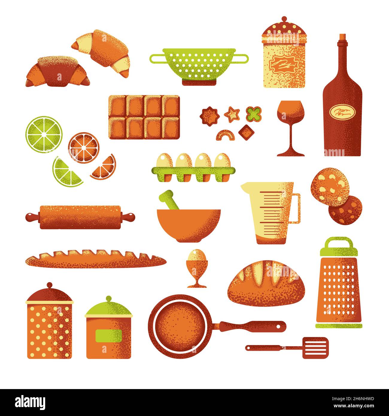 Ensemble de symboles alimentaires, boulangerie, équipement de cuisine, ustensile.Objets isolés sur fond blanc.Illustration vectorielle plate sur la nourriture, la cuisine. Banque D'Images