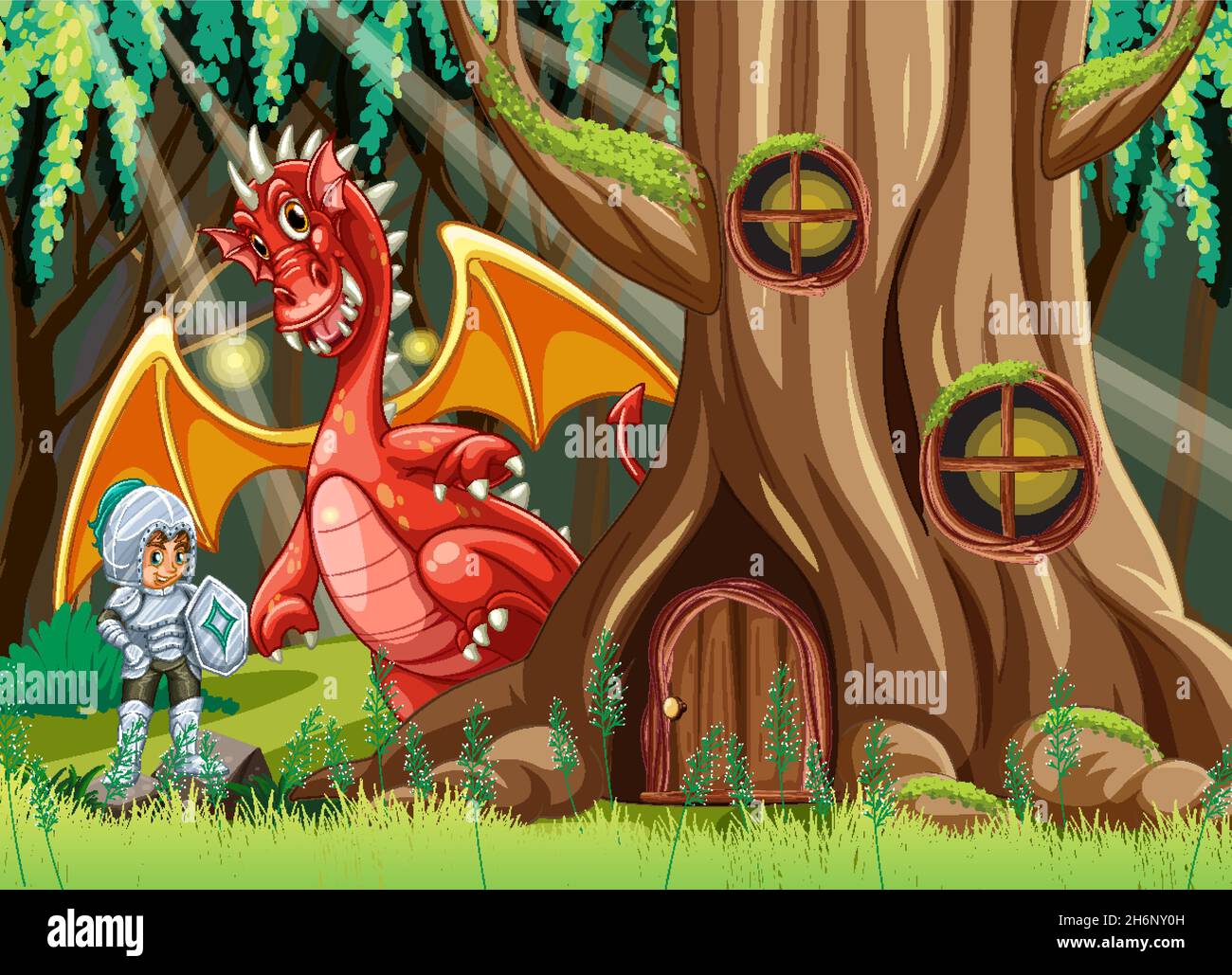 Dessin animé de ragon et de chevalier dans l'illustration de fond de forêt enchantée Illustration de Vecteur