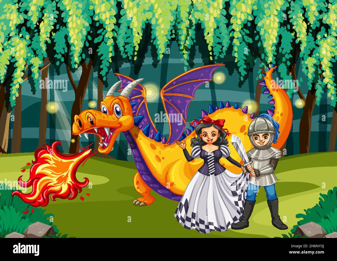 Dragon et chevalier dans une illustration de forêt enchantée Illustration de Vecteur