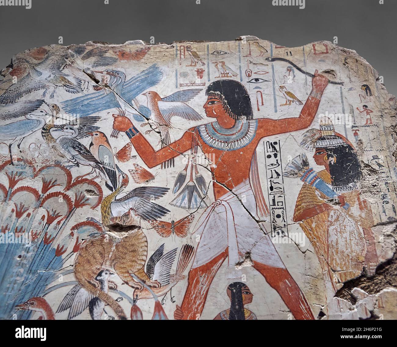 Tableau de la tombe antique d'art de mur égyptien: Chasse de Nebamun dans les marais, tombe de Nebamun Thèbes, Circa 1350BC, dynastie 18e.British Museum EA37977. Banque D'Images