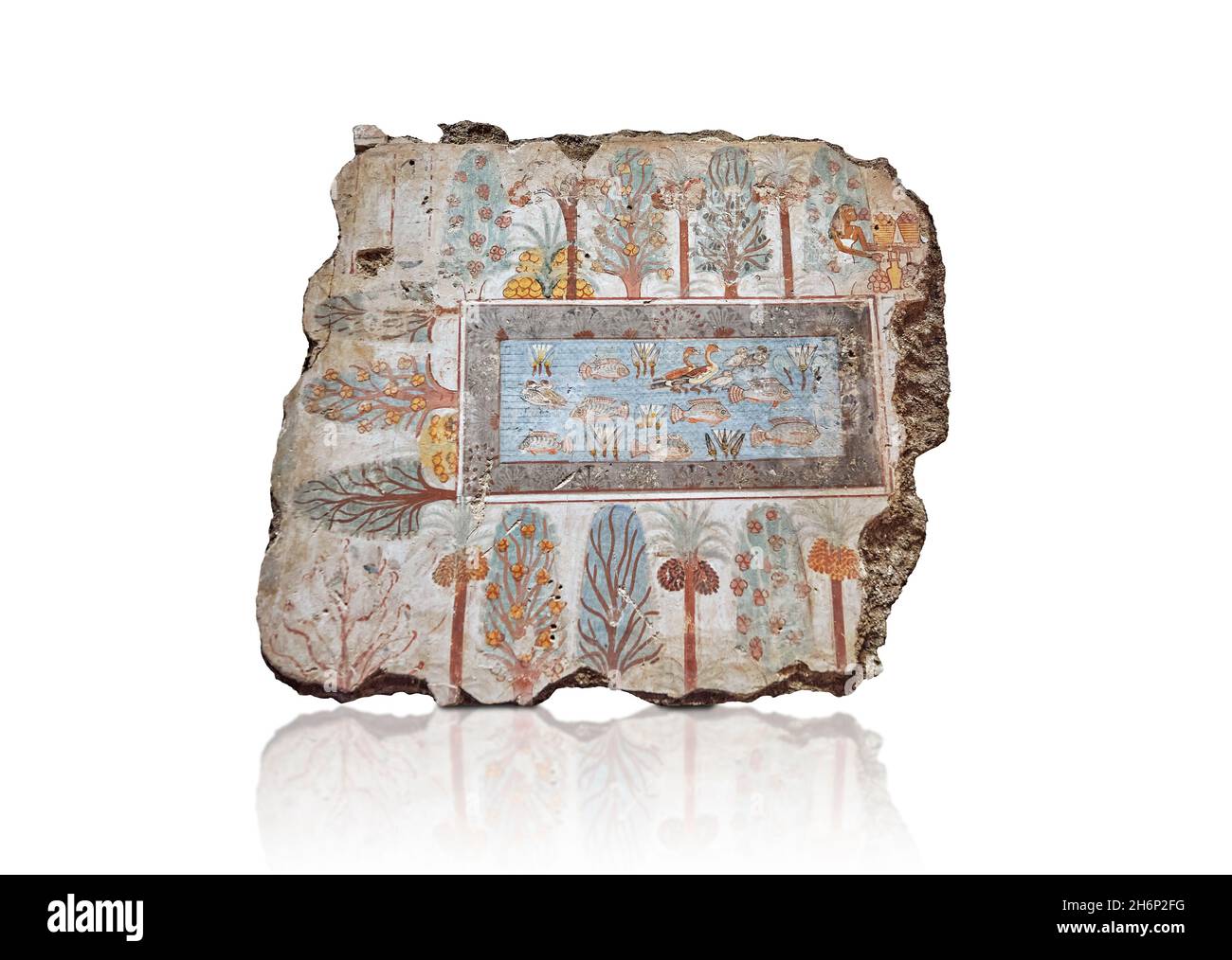 Tableau de la tombe de l'art mural égyptien antique : jardin de Nebamun à l'ouest, tombe de Nebamun Thèbes, Circa 1350BC, dynastie 18e.Musée britannique EA37983.F Banque D'Images