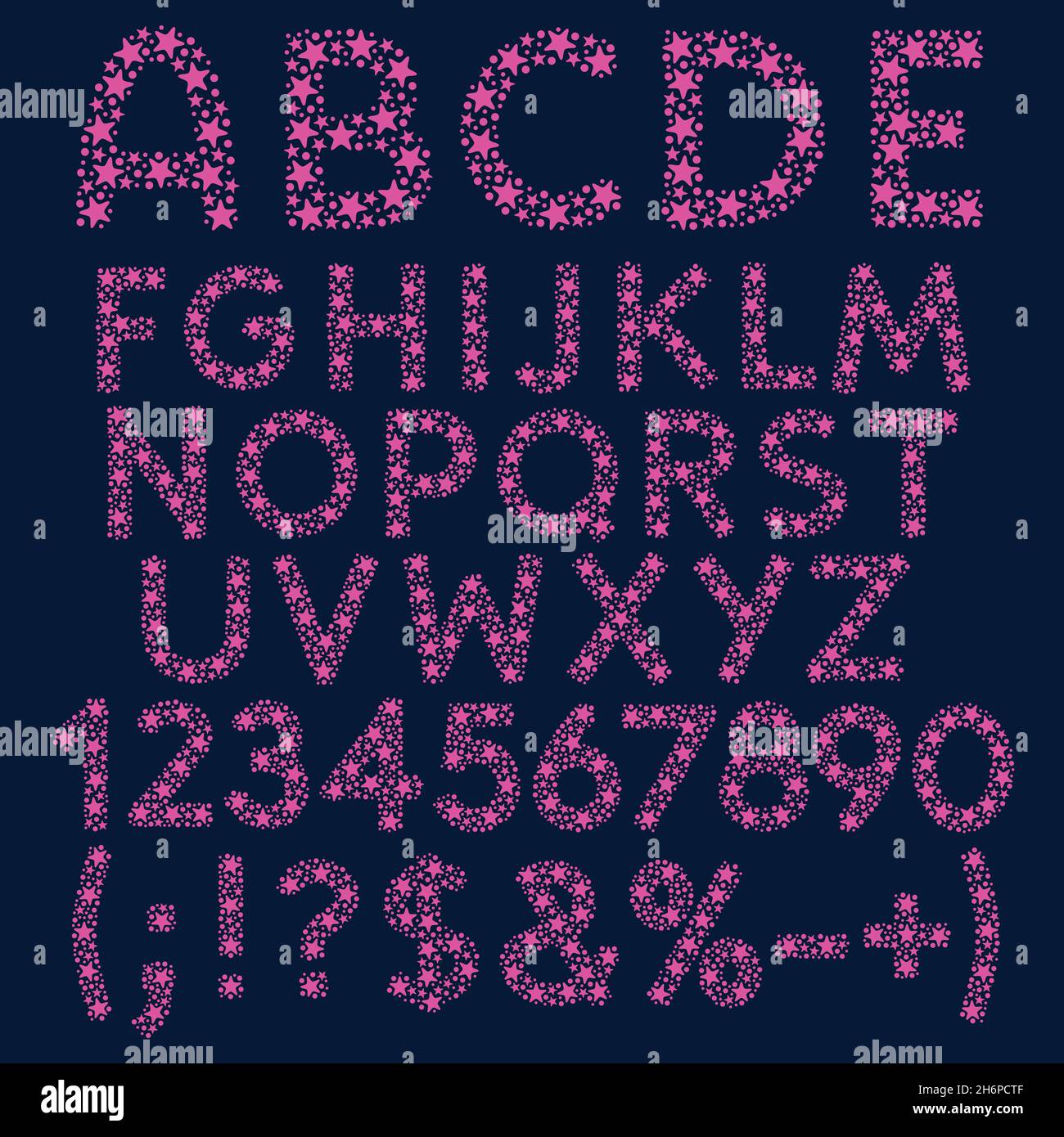 Alphabet, lettres, chiffres et signes d'étoiles et de points roses, constellations.Ensemble d'objets vectoriels isolés sur fond bleu. Illustration de Vecteur