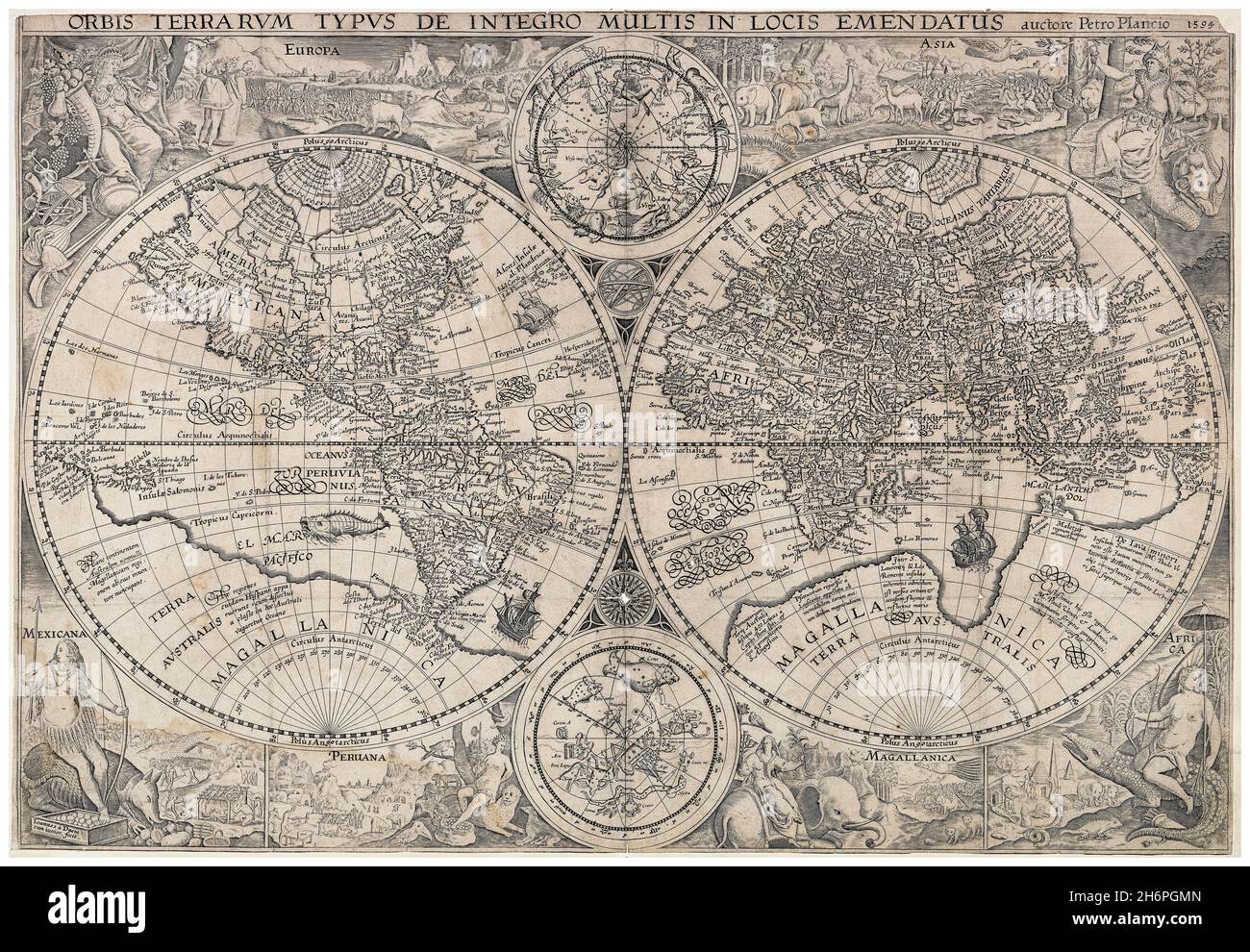 16th Century Dutch vintage World Map, cartographie par Petrus Plancius, 1594 Banque D'Images