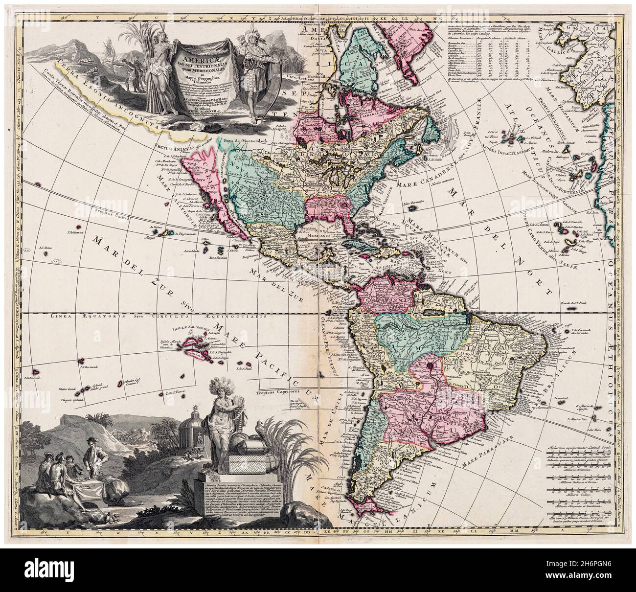 XVIIIe siècle, carte d'époque néerlandaise de l'Amérique du Nord et du Sud (les Amériques), cartographie d'Adam Friedrich Zuerner, 1700-1749 Banque D'Images