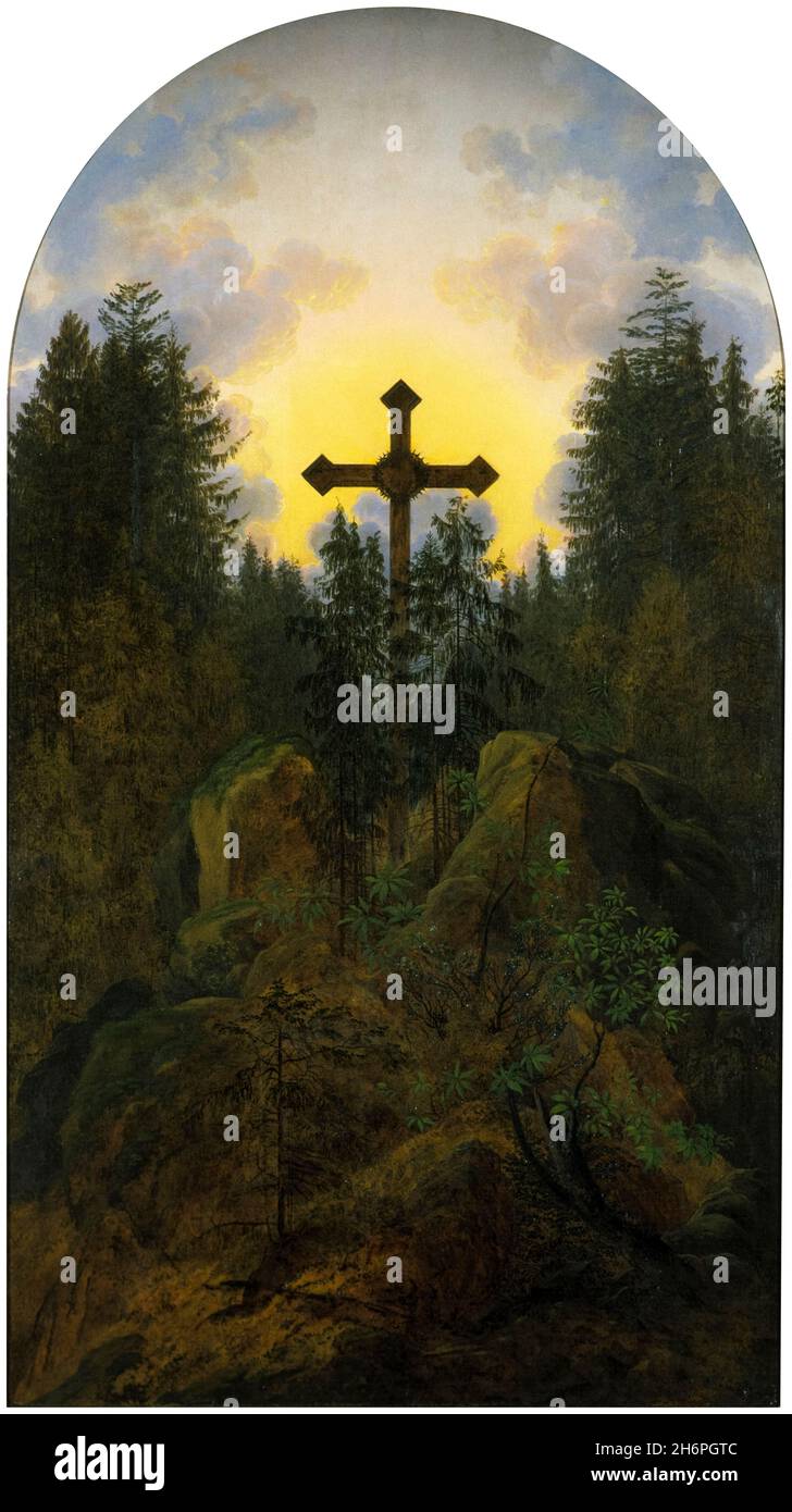 Croix dans les montagnes, paysage peint par Caspar David Friedrich, 1815-1820 Banque D'Images Croix dans les montagnes, paysage peint par Caspar David Friedrich, 1815-1820 Banque D'Images