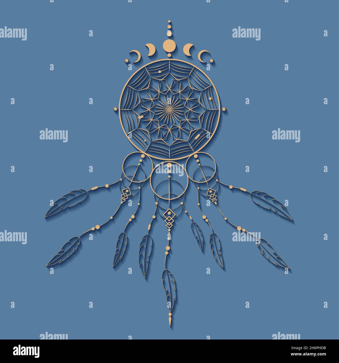 dreamcatcher détaillé avec ornement de mandala et phases de lune.Symbole Mystic d'or, art ethnique avec dessin de boho amérindien, vecteur isolé Illustration de Vecteur