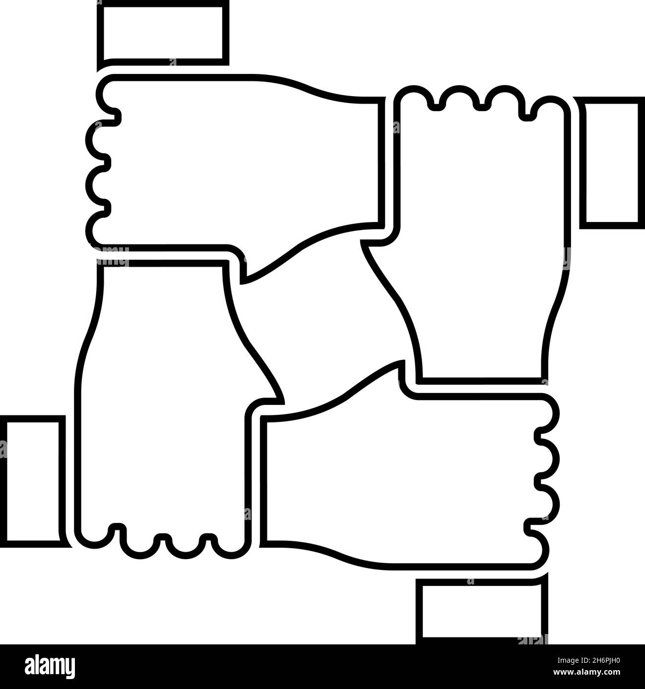 Quatre mains ensemble concept travail d'équipe unité chef d'équipe bras entrelacés l'un avec l'autre sur le poignet collaboration conjointe contour icône noir Illustration de Vecteur