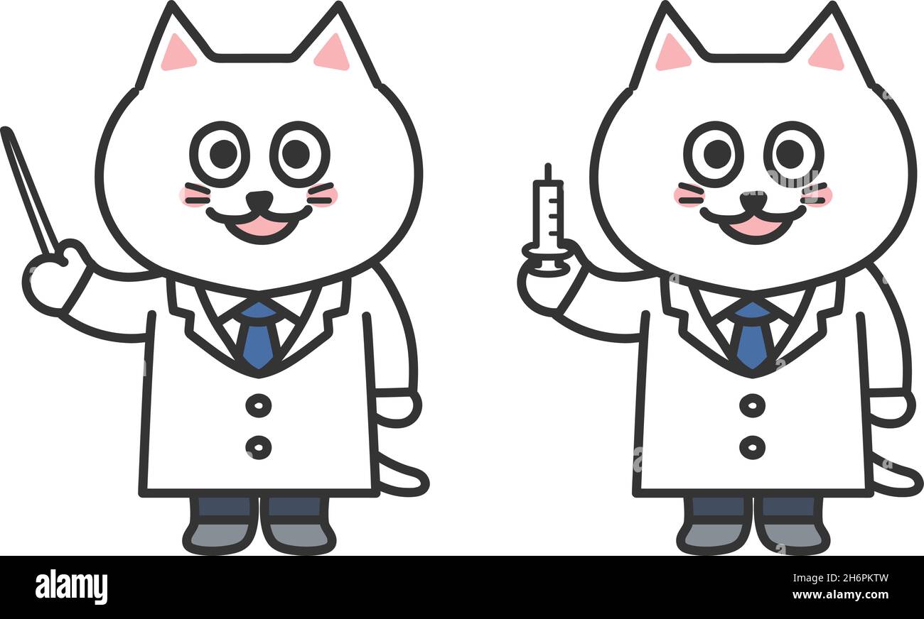 Kit de médecin de chat blanc tenant une seringue avec une blouse de laboratoire.Illustration vectorielle isolée sur fond blanc. Illustration de Vecteur