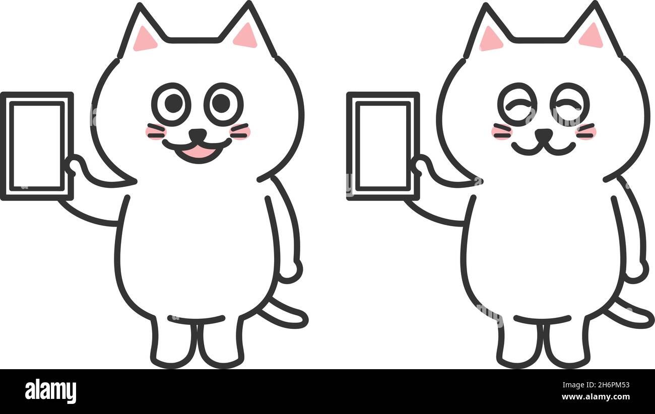 Ensemble de chat blanc souriant tenant un smartphone.Illustration vectorielle isolée sur fond blanc. Illustration de Vecteur