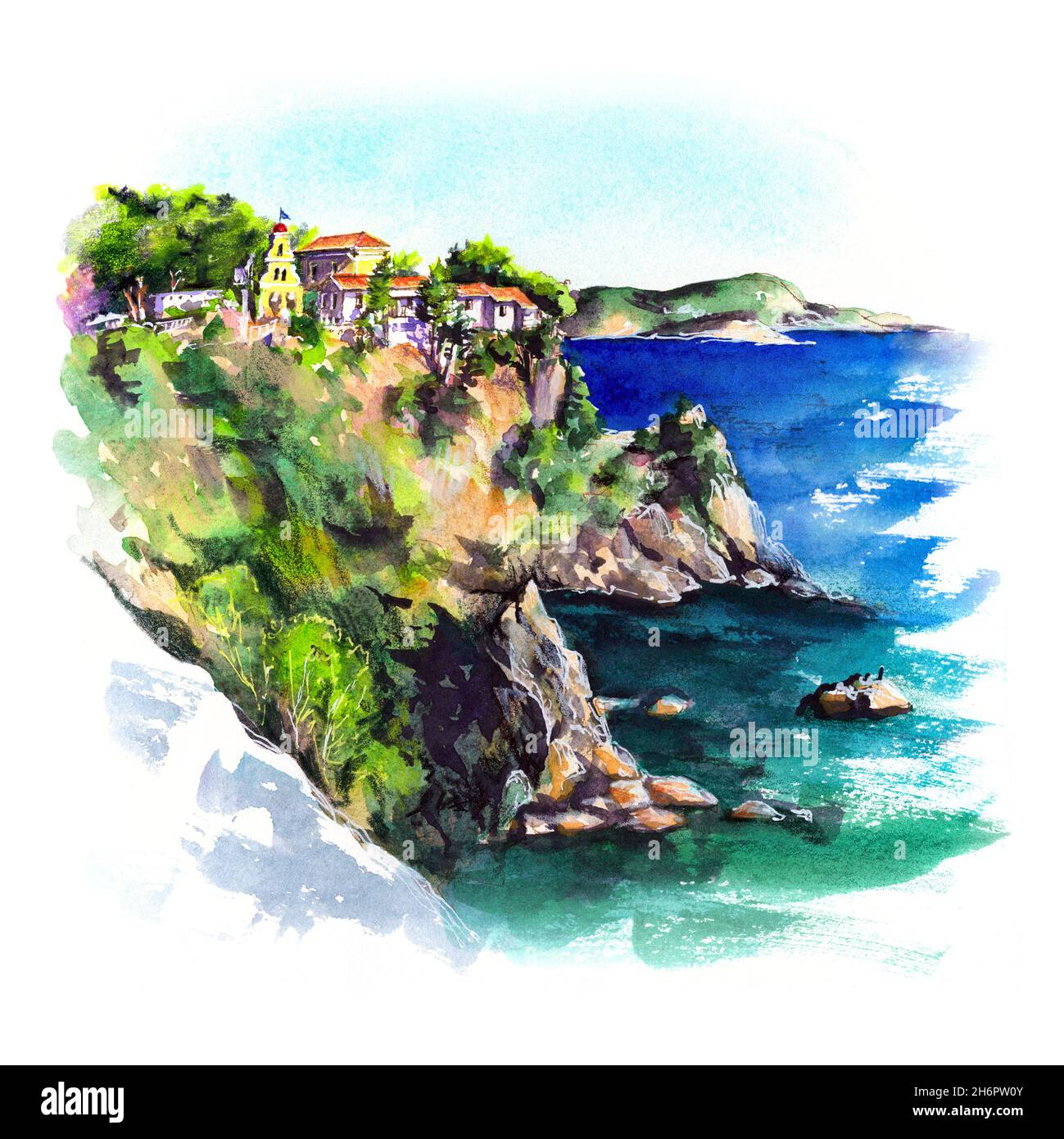 Croquis aquarelle du monastère historique de Palaiokastritsa, Corfou, Grèce Banque D'Images
